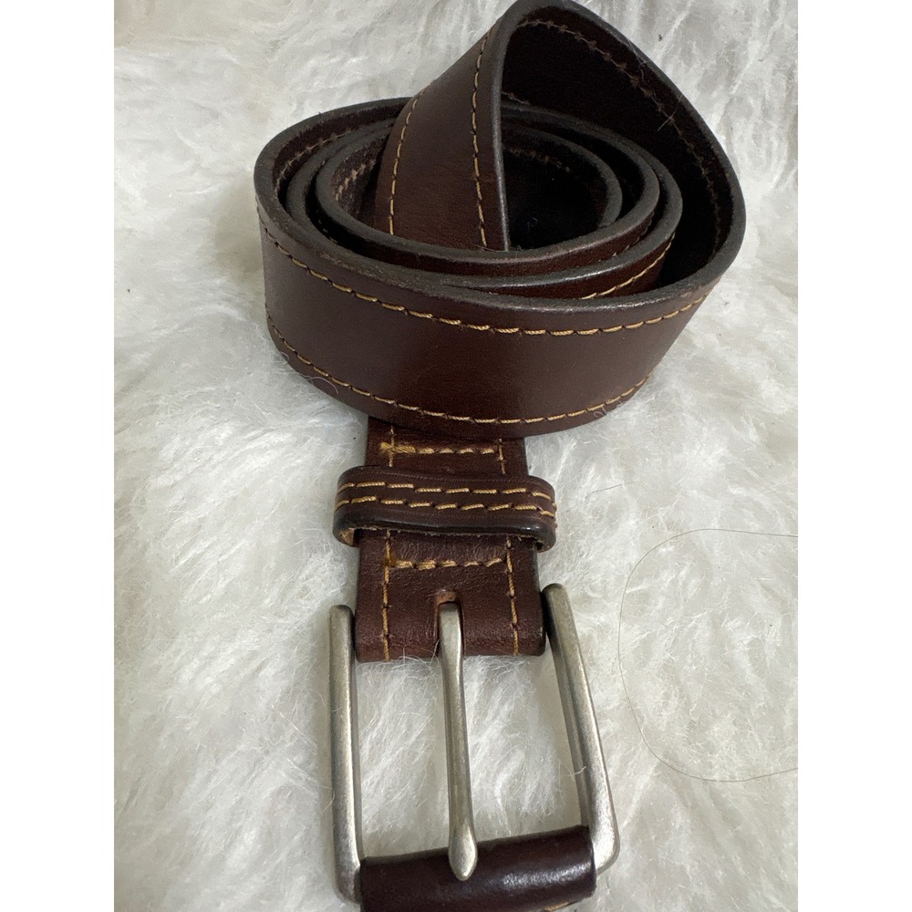 Leather Belt Mens 36-39 Double Prong Brown Contrast Stitch Casual